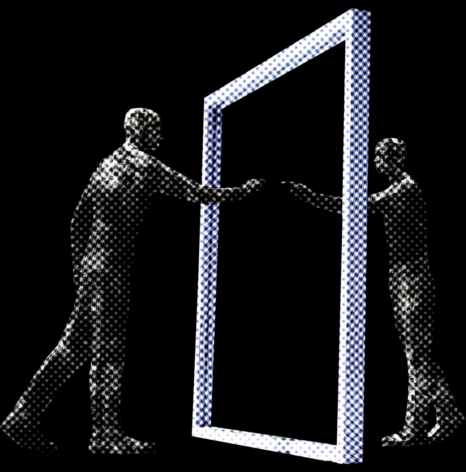 Halftone figures collaborating across a doorway